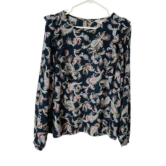 Nanette Lepore Prairie Cottage Blouse Womens XL Navy Paisley Long Sleeve Ruffles - Picture 1 of 7